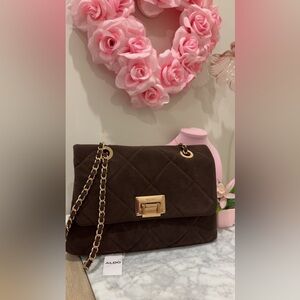 Aldo Dark Brown Quilted Chain-Shoulder Bag with Gold Hardware